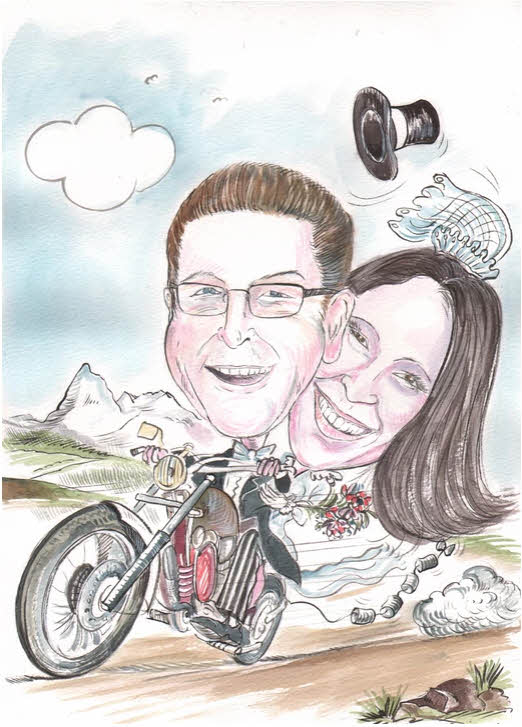 Fotokarikatur Paar auf Motorrad